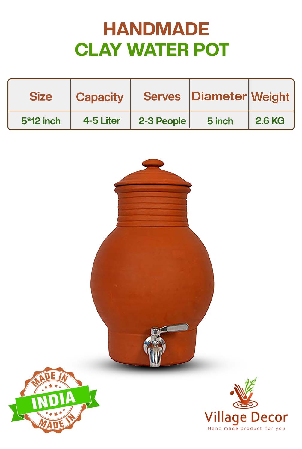 Earthen Clay Water Pot with Lid &tap - 135.3oz