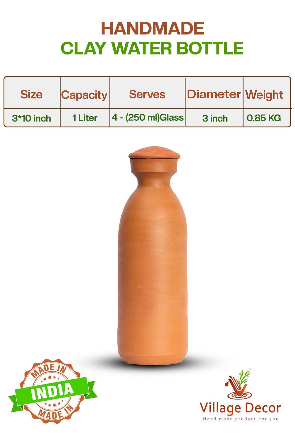 Terracotta clay Classic Water Jug - 33.8oz