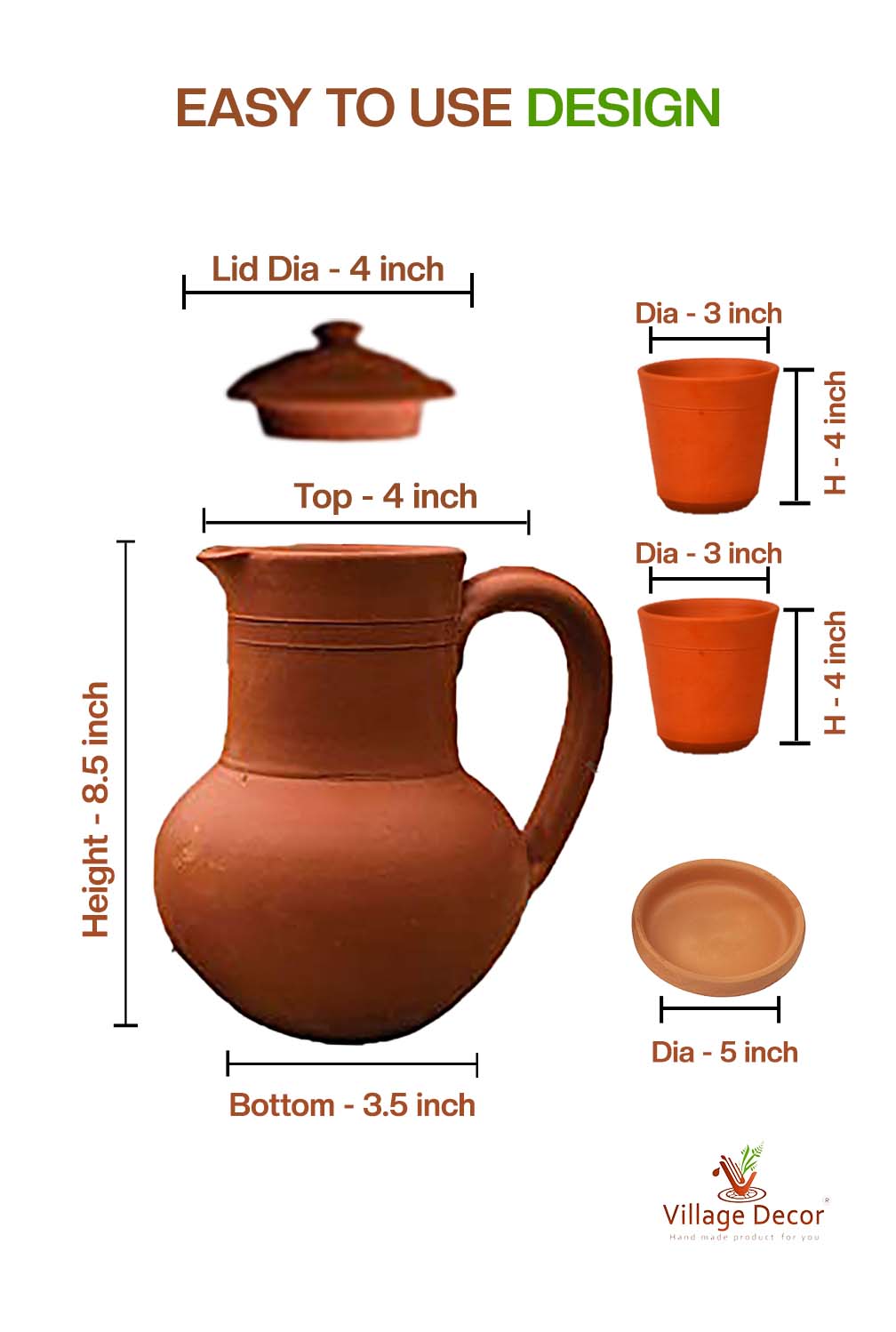 Terracotta Water jug with Glass - 67.6oz