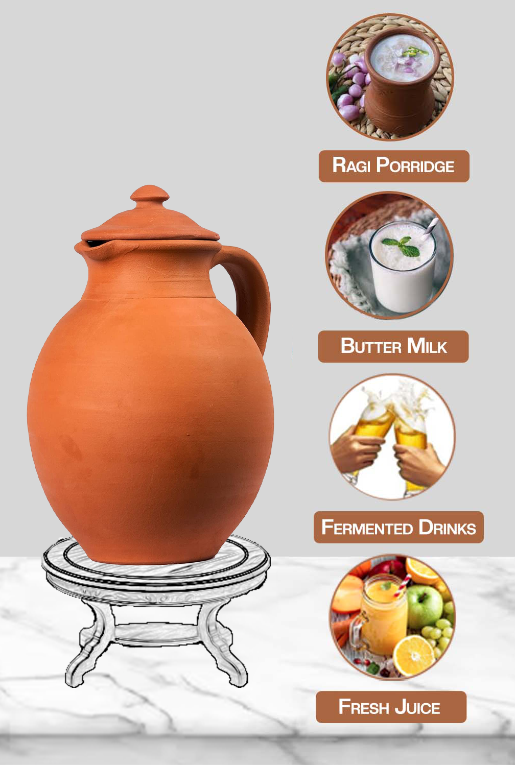 Clay water Jug placed on a stand, suitable for storing fresh juice, mineral water, or wine in an eco-friendly way.