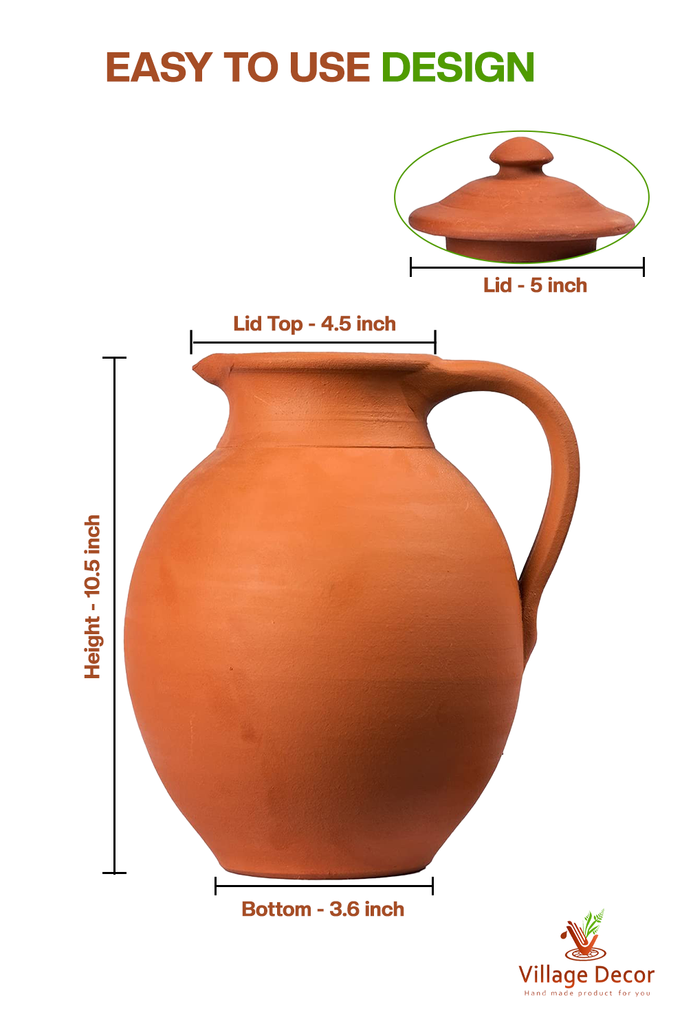 Detailed dimensions of Clay Water Jug showing Pot and Lid measurements.