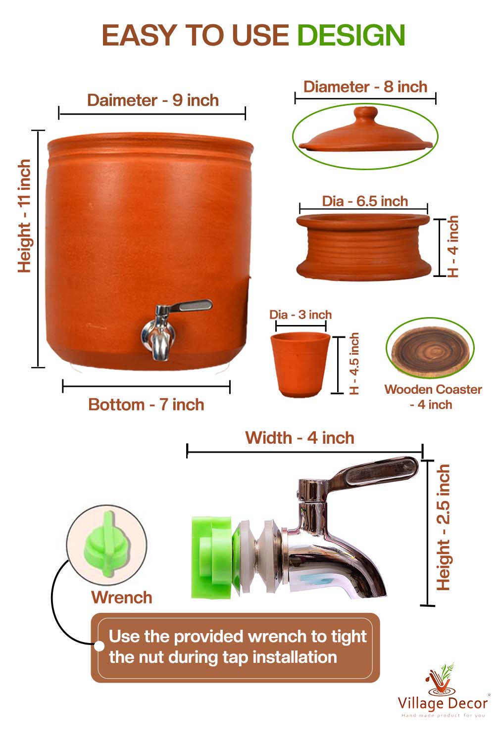 Detailed dimensions of Clay Water Pot showing Pot, Glass, Lid, Wooden coaster and Stainless Steel Tap measurements.