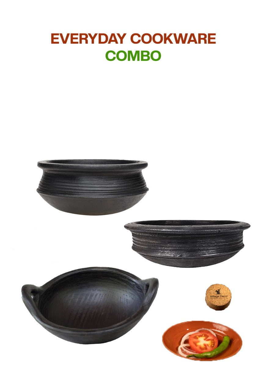 Everyday black clay cookware combo with handmade pots with kadai, shown on a white background for a clean product display.