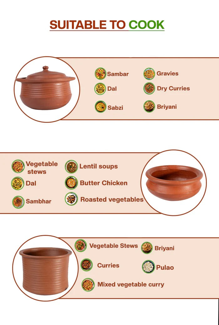 Traditional mitti ke bartan combo set for healthy home cooking. Perfect for making sambar, dal, sabzi, gravies, and biryani with rich, earthy flavor.