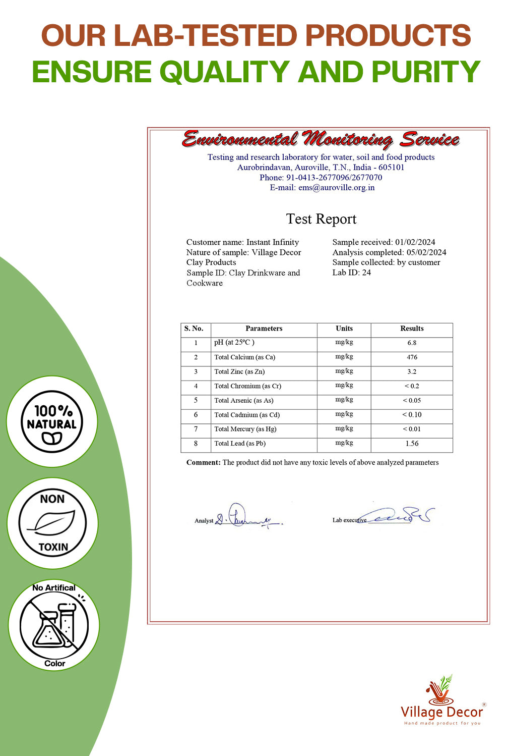 Lab-tested clay water Pot certification report from Village Decor showcasing 100% natural, non-toxic, and chemical-free quality assurance.