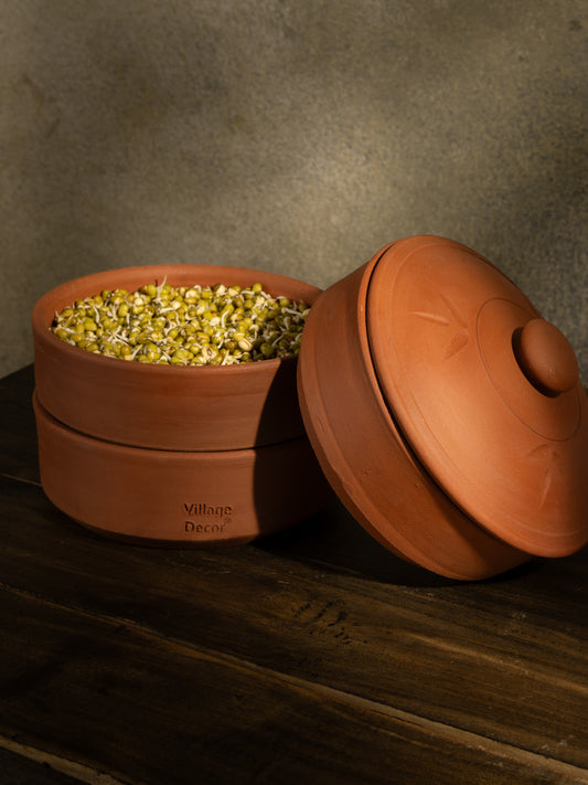 Handcrafted terracotta sprout maker filled with fresh green moong sprouts, placed on a wooden table with warm natural lighting, ideal for healthy and sustainable tableware.