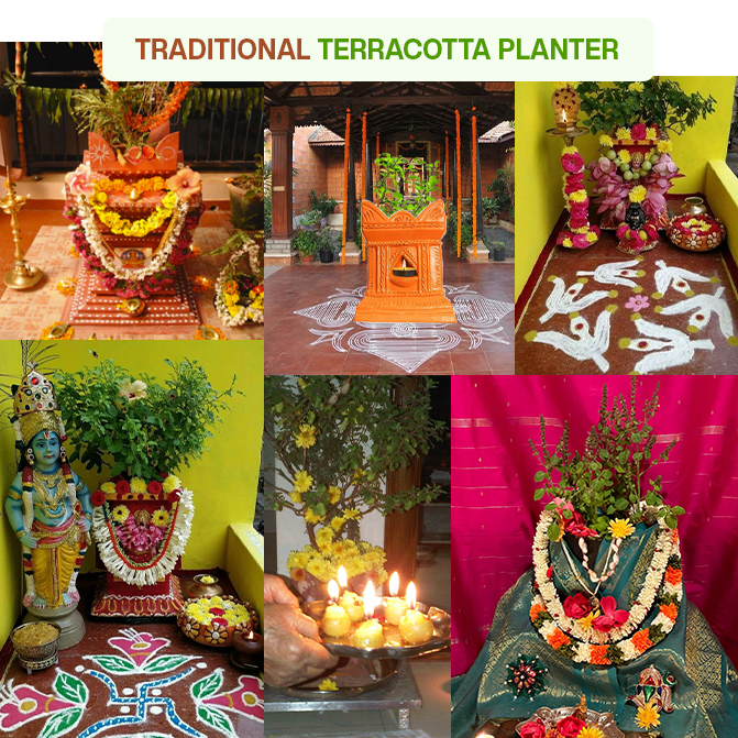 Traditional terracotta Tulsi planters decorated for pooja, festivals, and home altars, showcasing sacred and cultural uses in Indian homes.