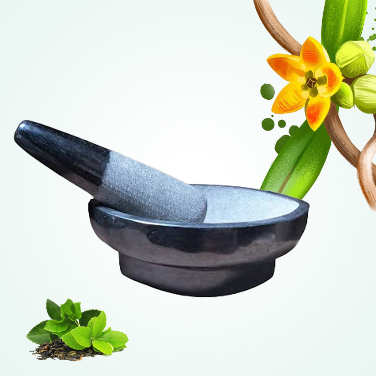 Handmade stone Kharal Kalvam with pestle, used for grinding herbs, spices, and ayurvedic medicine naturally.