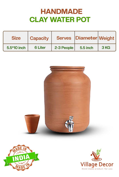 Earthen Clay water Pot with Lid, Tap and Glass | Pre-seasoned Matka - 6000 ml/202.8oz, Handmade, 100% Natural Cooling, Chemical-Free