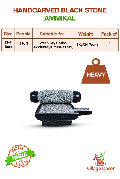 Black Stone Ammikallu/Mortar and Pestle (B*L - 7 * 13 inch)