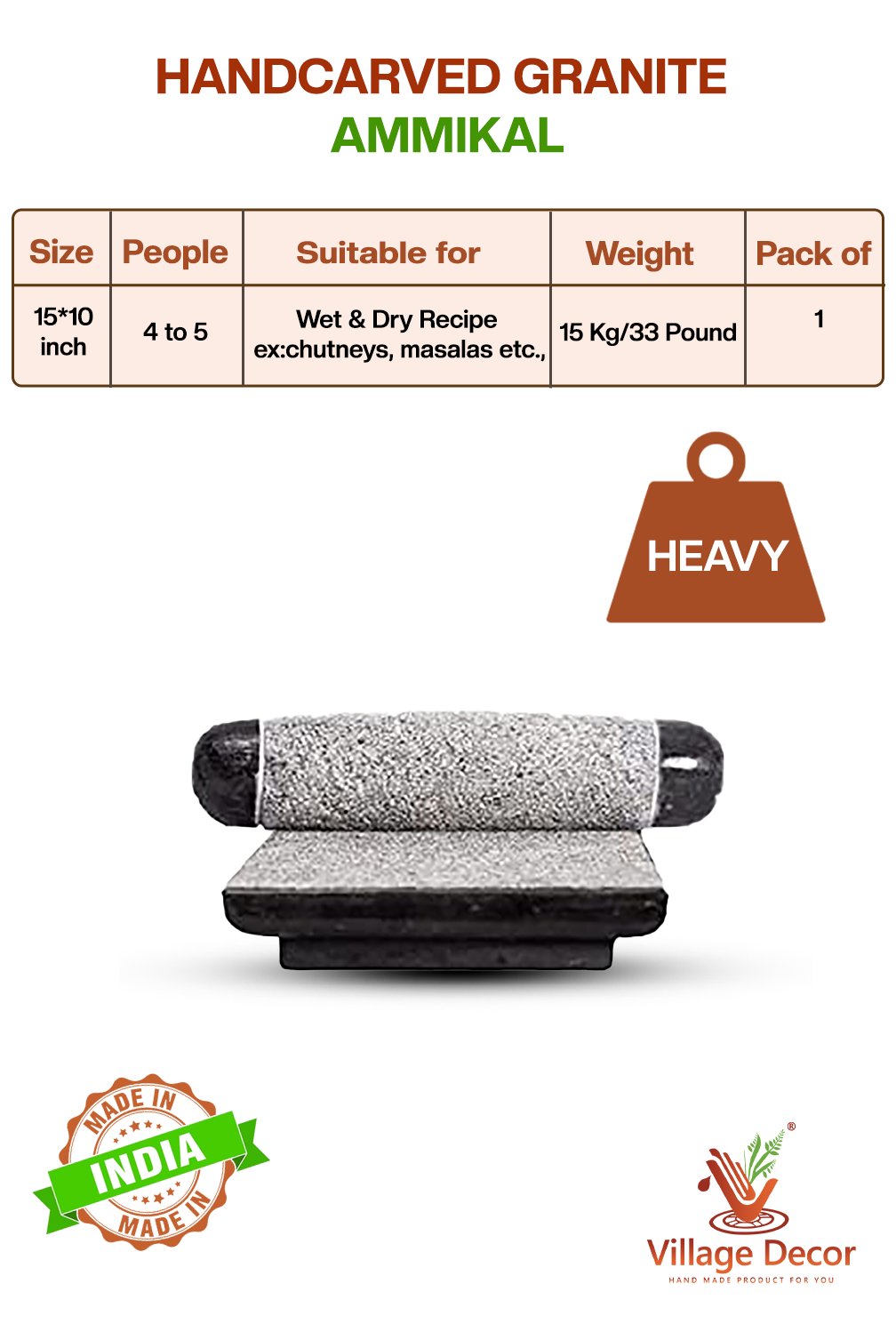 Handcarved black stone Ammikal or Silbatta with size, weight, and usage details – suitable for chutneys and masalas.
