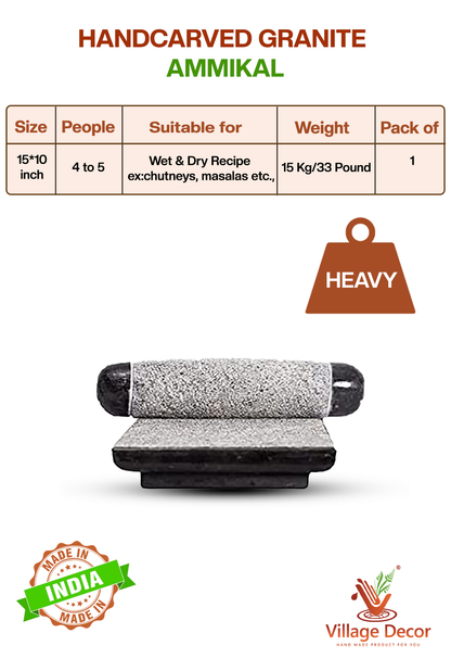 Handcarved black stone Ammikal or Silbatta with size, weight, and usage details – suitable for chutneys and masalas.
