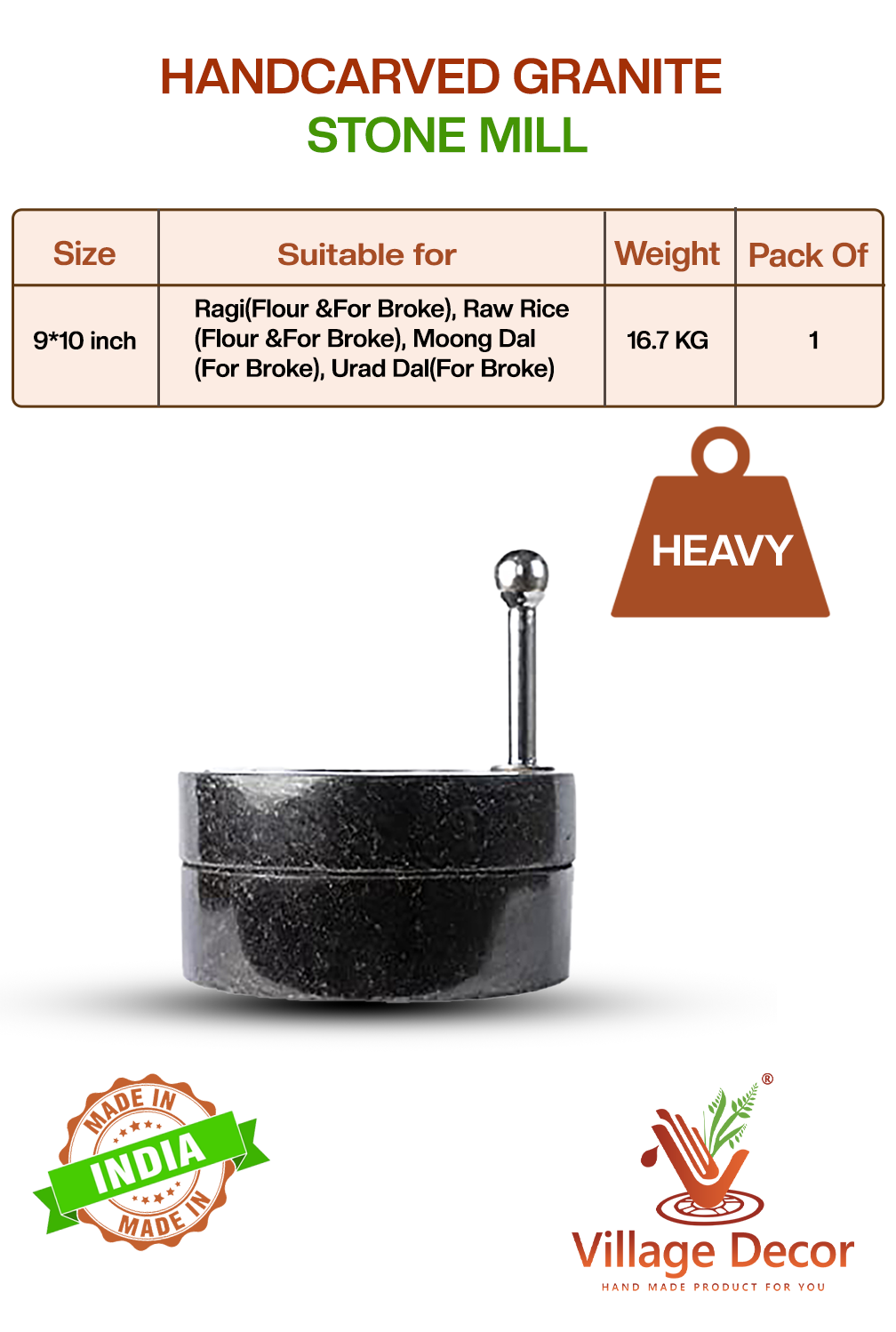 Handcarved Atta chakki or Stone Mill with size, weight, and usage details – suitable for Grinding urad dal, Moong dal etc.,