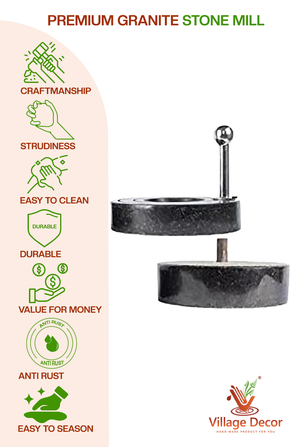 Handcrafted Atta Chakki showing unique strength, durability, easy maintenance, and traditional build.
