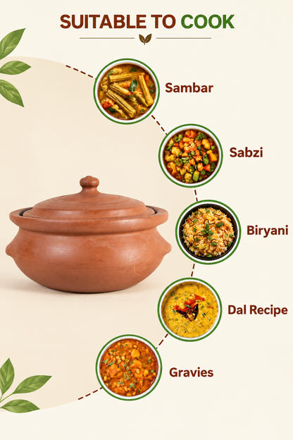 Earthen Clay Cooking Pot, Traditional Cookware, Handmade Kitchen Essential, Gas stove Safe, Mitti Ke Bartan- 2.1 qt
