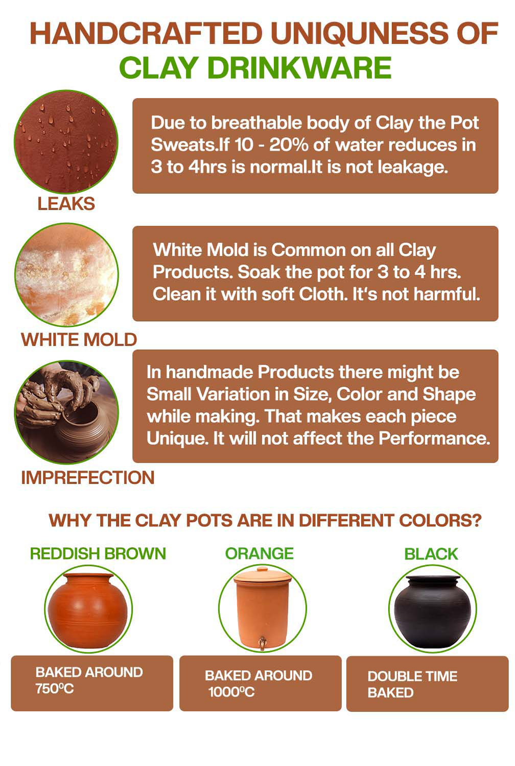 Visual guide explaining leaks, mold, imperfections, and color differences in handcrafted clay water Jug and drinkware.
