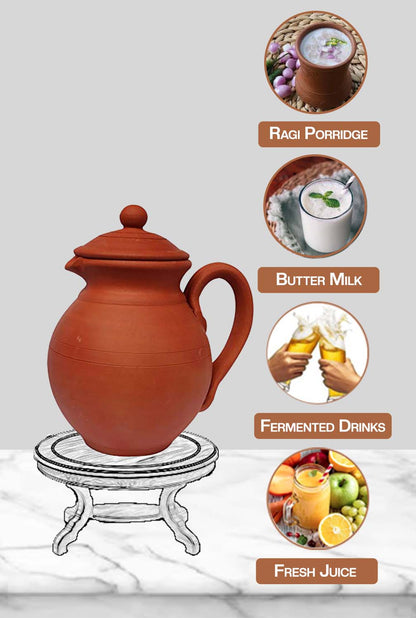 Clay water Jug placed on a stand, suitable for storing fresh juice, mineral water, or wine in an eco-friendly way.
