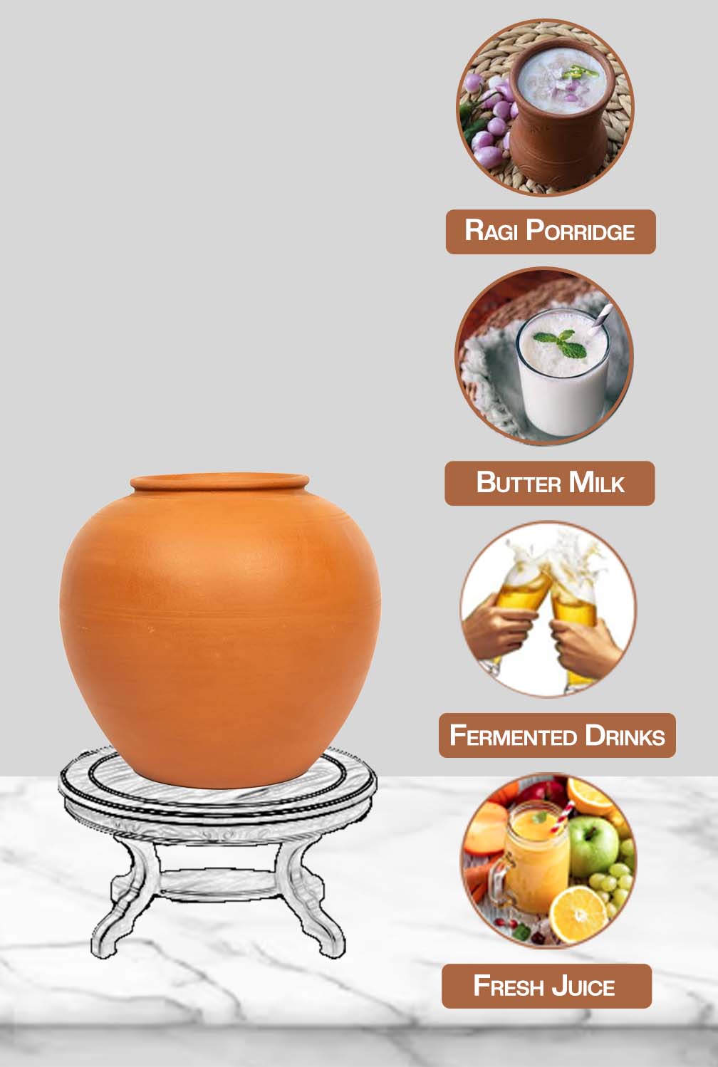 Clay water Pot placed on a stand, suitable for storing fresh juice, mineral water, or wine in an eco-friendly way.
