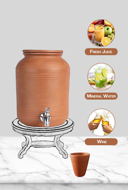 Clay water Pot placed on a stand, suitable for storing fresh juice, mineral water, or wine in an eco-friendly way.
