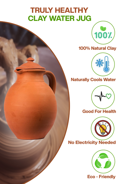 Clay water Jug made from natural clay, cools water naturally, eco-friendly, good for health, no electricity needed.
