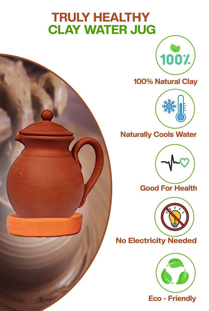 Clay water Jug made from natural clay, cools water naturally, eco-friendly, good for health, no electricity needed.
