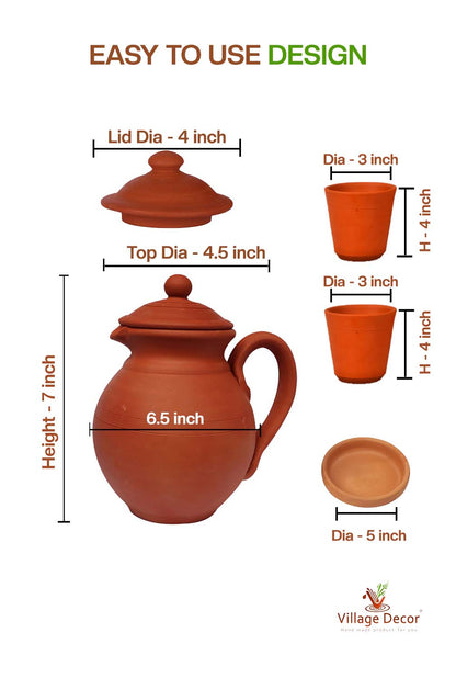 Detailed dimensions of Clay Water Jug  showing Pot, Lid and Glass measurements.