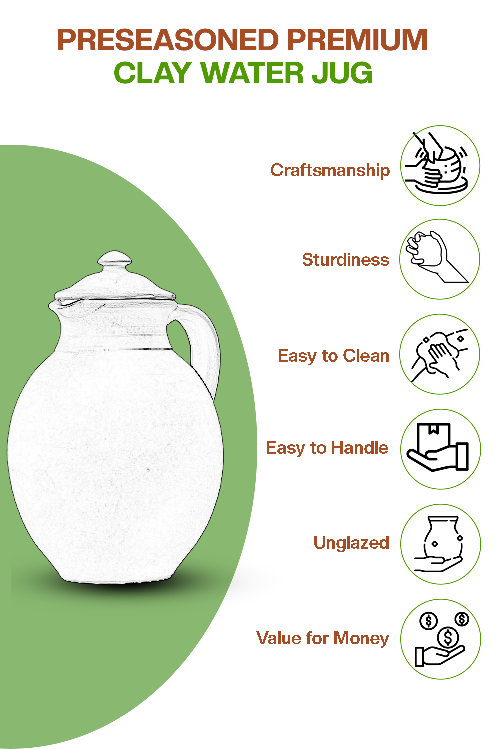 Preseasoned clay water Jug highlighting craftsmanship, sturdiness, easy cleaning, unglazed design, and value for money.
