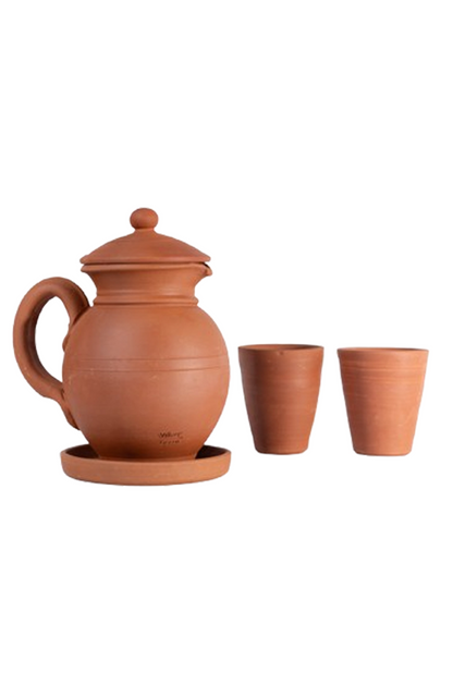 Clay water Jug with lid in matka style, handcrafted by Village Decor on white background.
