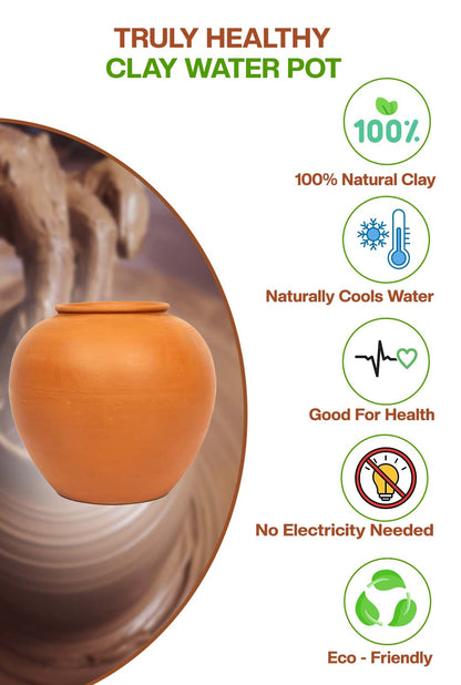 Clay water Pot made from natural clay, cools water naturally, eco-friendly, good for health, no electricity needed.
