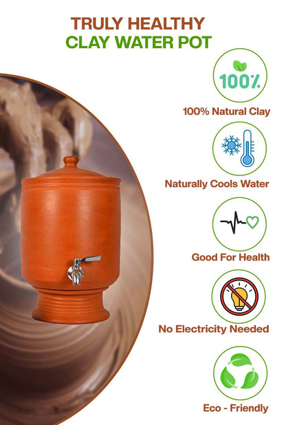 Clay water Pot made from natural clay, cools water naturally, eco-friendly, good for health, no electricity needed.
