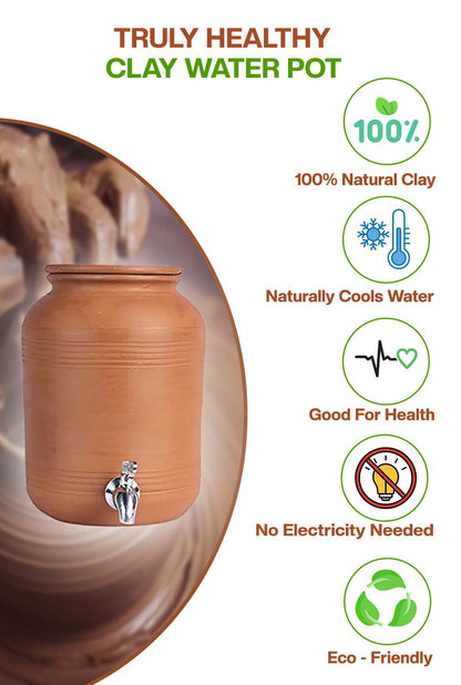Clay water Pot made from natural clay, cools water naturally, eco-friendly, good for health, no electricity needed.
