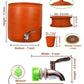 Detailed dimensions of Clay Water Pot  showing Pot, Glass, Lid, Wooden coaster and Stainless Steel Tap measurements.