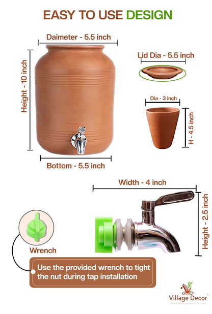 Detailed dimensions of Clay Water Pot  showing Pot, Glass, Lid and Stainless Steel Tap measurements.