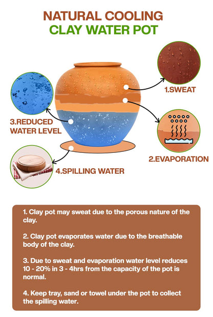 Detailed image showing that the clay water pot natural cooling and described some eductional content.