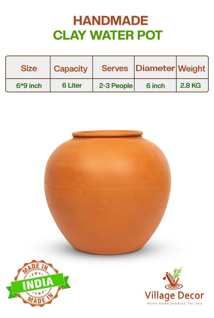 Eco-friendly 6-liter clay water Pot with lid, showing product dimensions, weight, and serving size.
