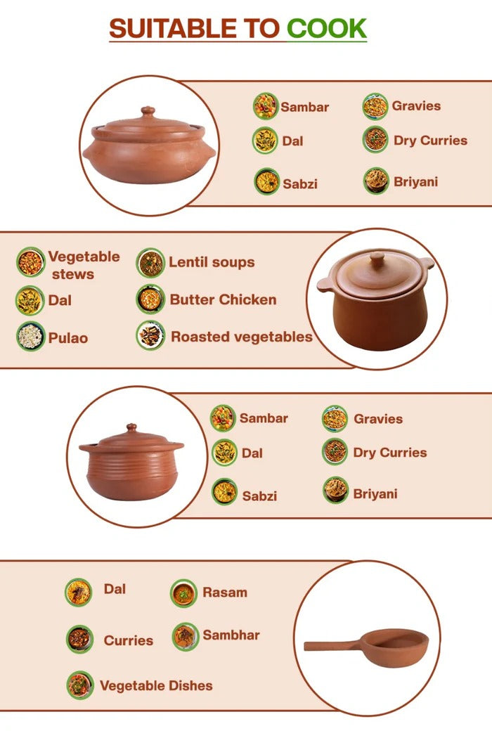 Clay cookware in 2.11 Qt, 3.17 Qt pots and 0.42 Qt tadka pan, suitable for cooking sambar, dal, biryani, gravies, curries, stews, and roasted vegetables.