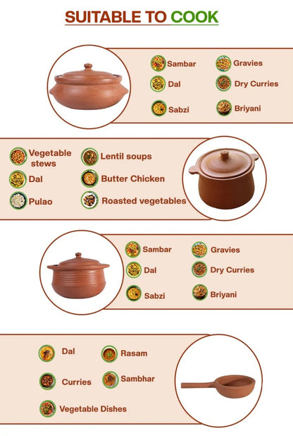 Clay cookware in 2.11 Qt, 3.17 Qt pots and 0.42 Qt tadka pan, suitable for cooking sambar, dal, biryani, gravies, curries, stews, and roasted vegetables.