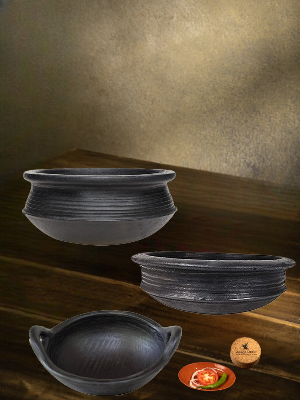 Black clay cookware combo featuring traditional handmade sets on a rustic wooden setup, perfect for authentic cooking and earthy kitchen vibes.