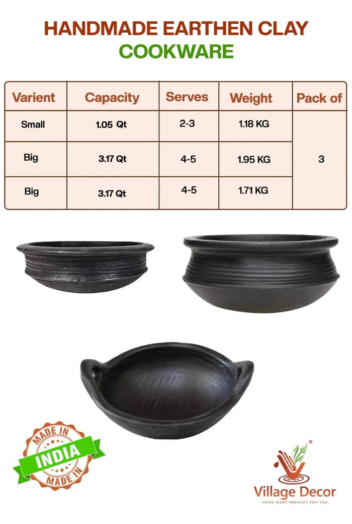 Handmade black clay cookware set shown with size, weight, and pack details for kitchen use. Made in India by Village Decor.