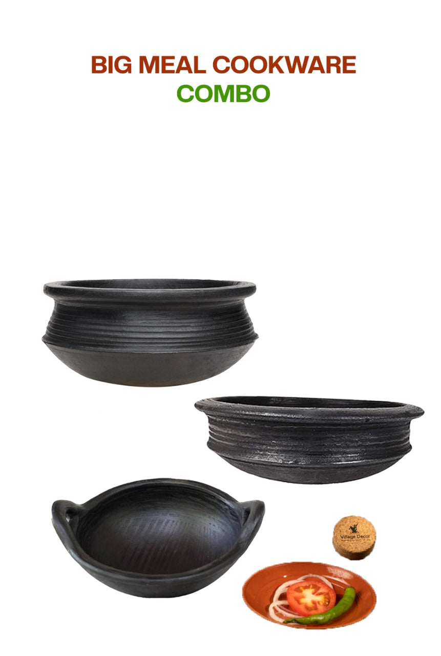 Big Meal black clay cookware combo with handmade pots and kadai, shown on a white background for a clean product display.