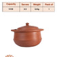 Handmade earthen clay cookware with capacity, serves, weight, and pack information on a white background.