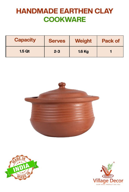 Handmade earthen clay cookware with capacity, serves, weight, and pack information on a white background.