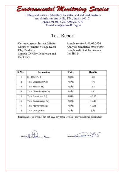 Sand test report for Earthen Clay Cooking Pot, showcasing quality assurance for purity, durability, and safety of traditional cookware.
