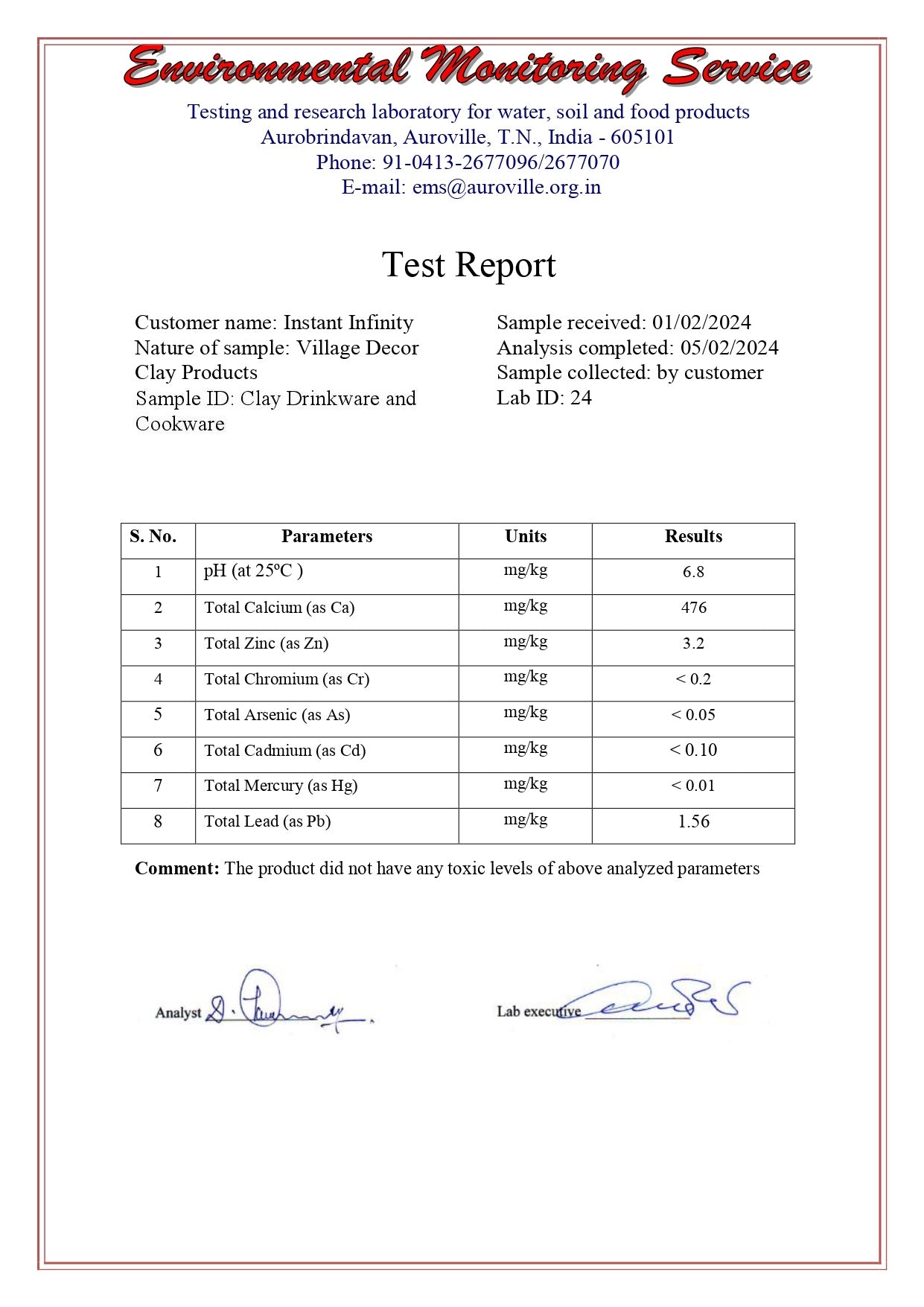 Sand test report for Earthen Clay Cooking Pot, showcasing quality assurance for purity, durability, and safety of traditional cookware.

