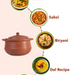 Earthen clay cooking pot with food suggestions around it, showing it's suitable to cook sambar, sabzi, biryani, dal recipes, and gravies.
