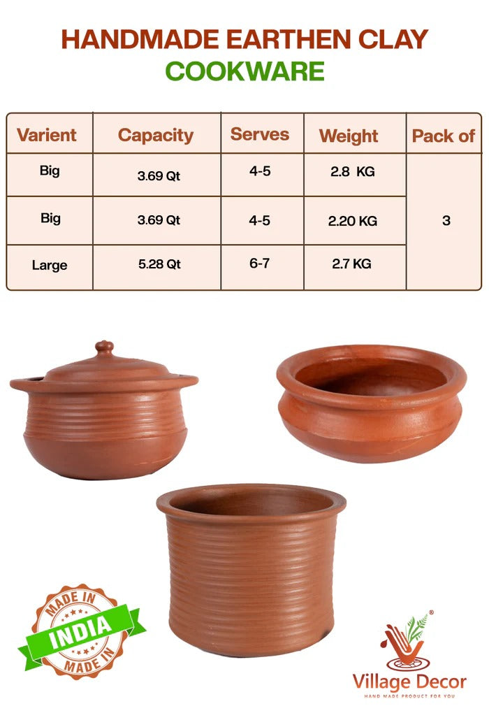 Handmade clay cookware combo with 3.69 Qt and 5.28 Qt pots. Perfect for traditional cooking, gas stove safe, and made from natural earthen clay.
