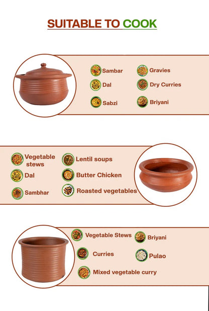 Traditional mitti ke bartan combo set for healthy home cooking. Perfect for making sambar, dal, sabzi, gravies, and biryani with rich, earthy flavor.
