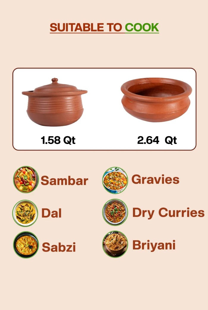 Traditional mitti ke bartan combo set (1.58 Qt & 2.64 Qt) for healthy home cooking. Perfect for making sambar, dal, sabzi, gravies, and biryani with rich, earthy flavor.
