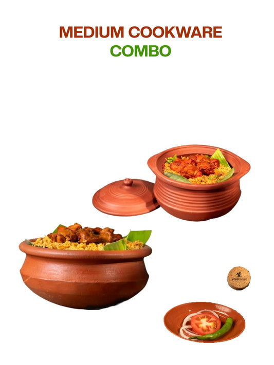 Traditional earthen clay cooking pot combo set with and without lid – perfect for making authentic South Indian dishes like Sambar, Kuruma, Kootu etc.,