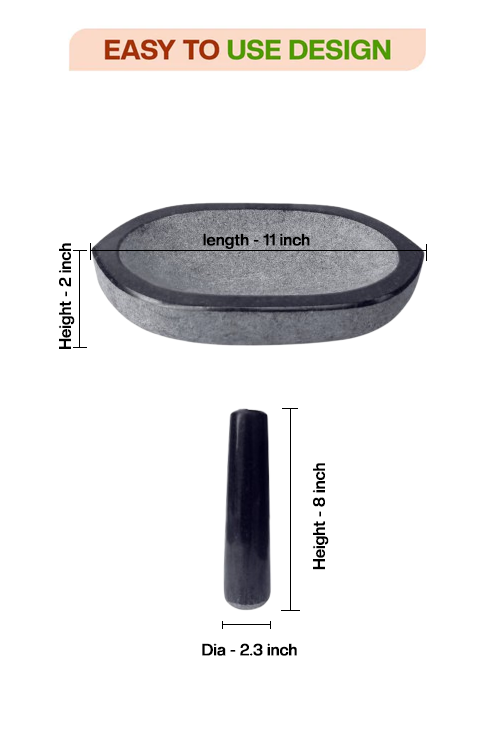 Dimensions of Polsihed stone Kharal with height, width, and diameter measurements shown.
